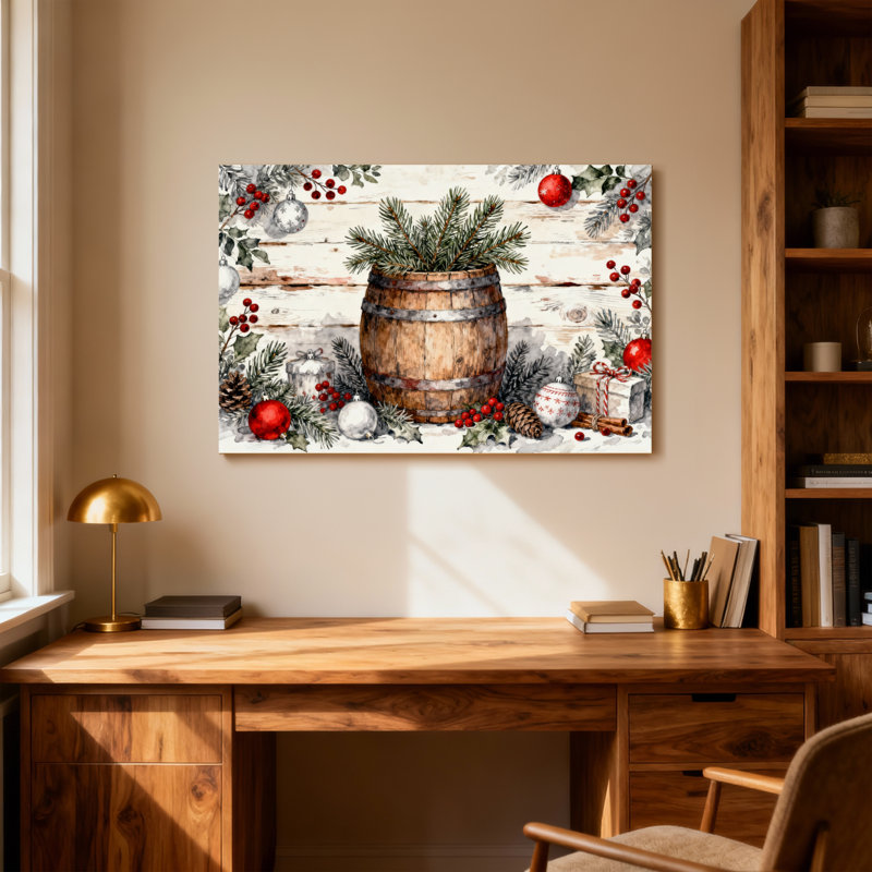Noël, tonneau, branches de pin, ornements, baies, cadeaux, H 28 po x l 40 po