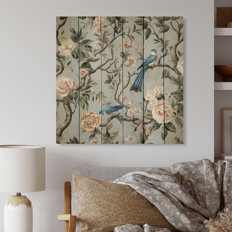 Oiseau minimaniste sur fond de fleurs, imprimé sur bois, H 30 po x l 30 po x P 0,78 po
