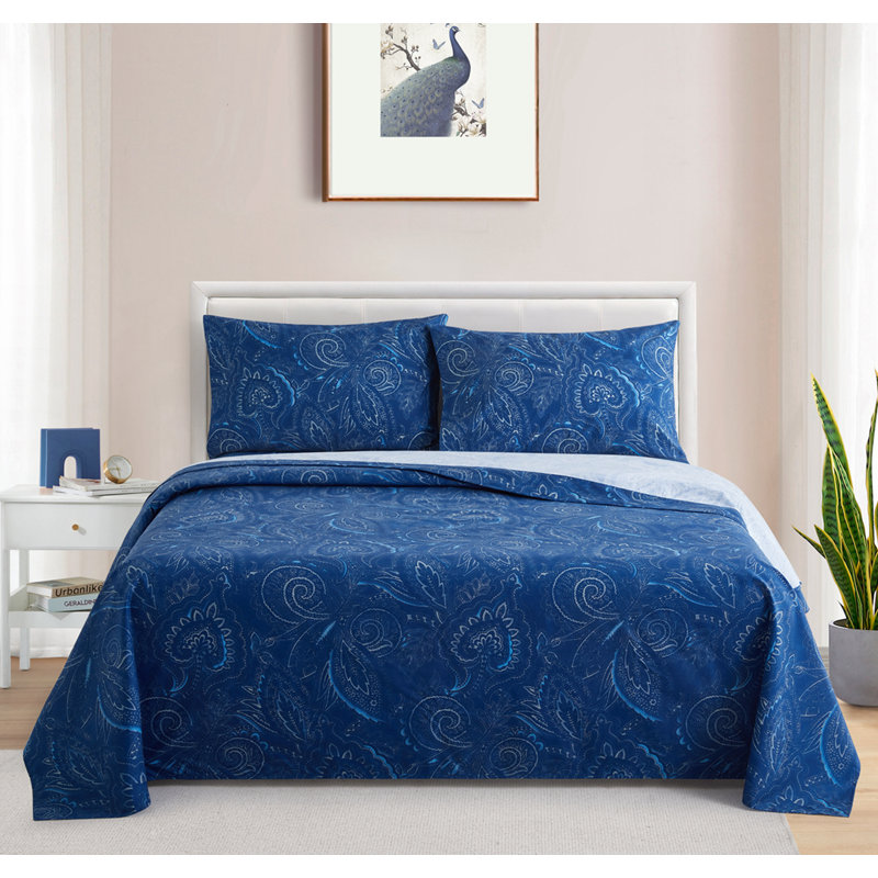 Ensemble de draps en coton imprimé à motif de cachemire 4 pièces Marina, Ensemble de draps pour très grand lit + drap-hous