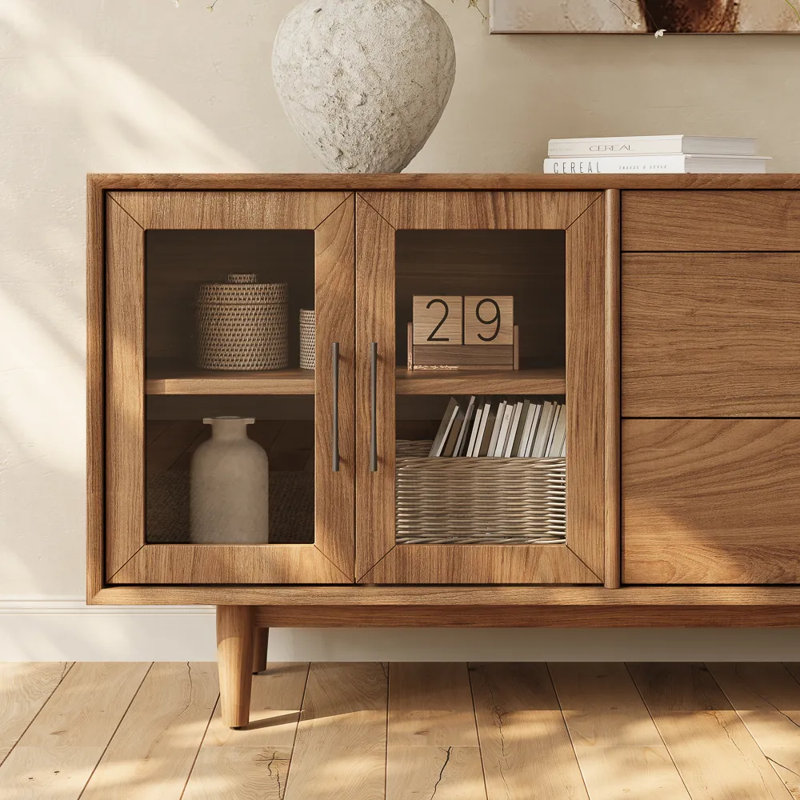 Mid-Century Modern TV Stand With Glass Doors, Fully Assembled, 29.53"H x 70.87"L x 17.72"W, Brown