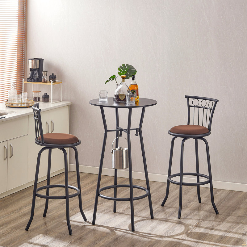 3 Bar Table And Chairs Set For Dining Room Industrial Counter Height Bar Chairs With Metal Back, Fabric Seat