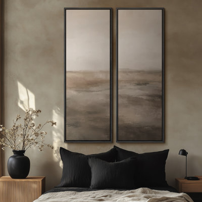Calm Neutral Abstract Horizon - Set of 2 Framed Wall Art Print on Canvas 60"x20"x2pcs