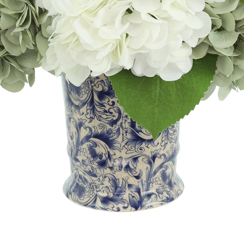 Hydrangea Arrangment In A Chinoiserie Vase, Seafoam Green/White