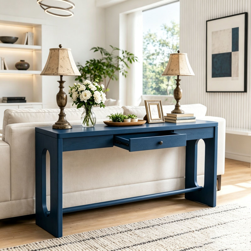 Console en bois de style U avec tiroir et pattes ovales découpés, Marine