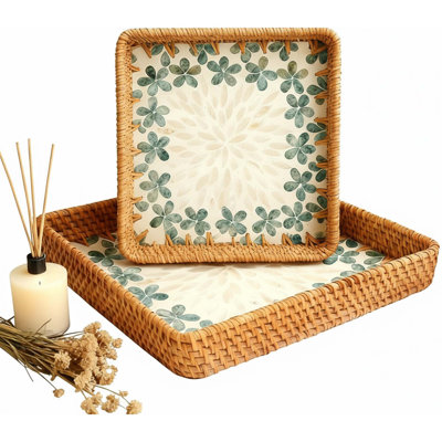 1 pcs Rectangle Rattan Tray with Mother of Pearl Inlay Decorative Wicker Serving Tray for Coffee Bread Fruit