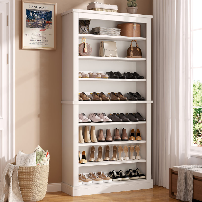 71'' Tall Shoe Cabinet With Open Storage For Entryway, 9 Tiers Thickened Wood Freestanding Shoe Storage Cabinet With Adjustable Shelves, Modern White Shoe Rack Cabinet For Hallway