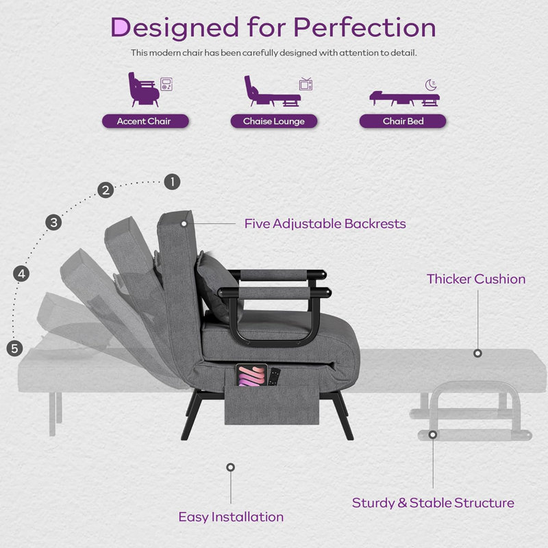 21.6" Convertible Chair Bed Sleeper With 5-Position Adjustable Backrest & Pillow, Black