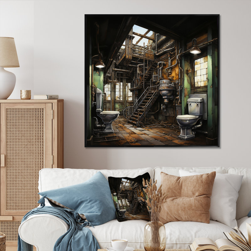 " Toilet Industrial Elegance Mixed II ", Black Floater Framed, 24" H x 24" W x 1" D