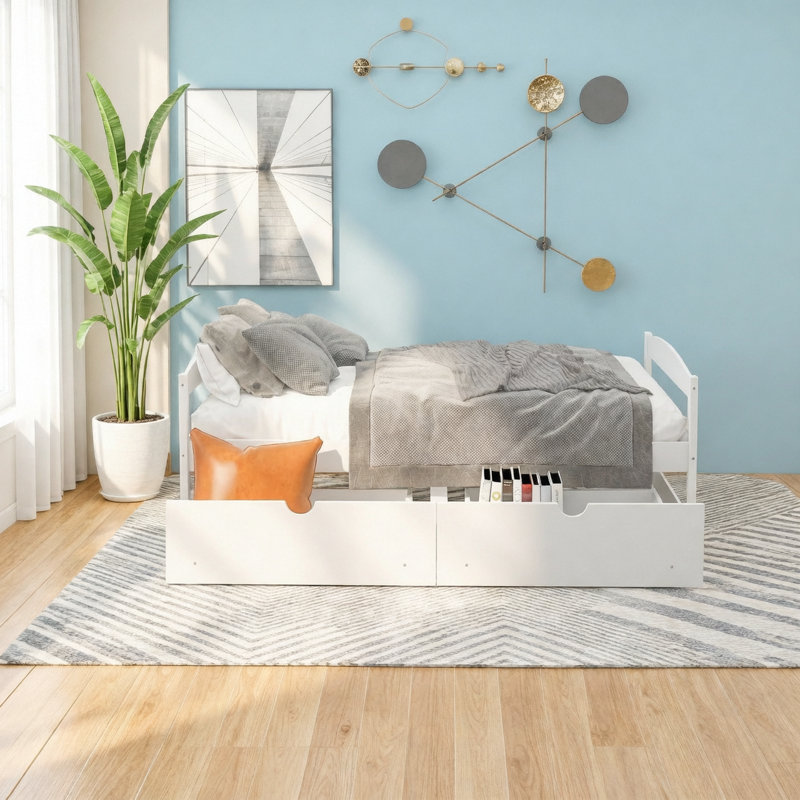 Lit plateforme simple avec deux tiroirs, blanc, Blanc