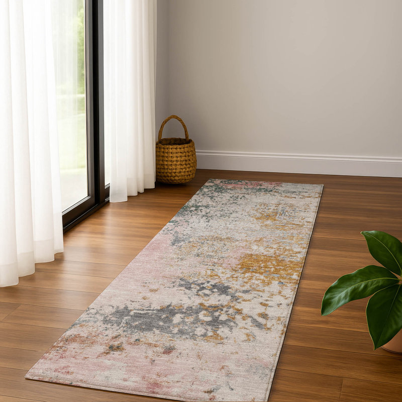 Premium Machine Washable Mayfield AMF2070 Abstract Rug, 2'3" x 7'6" Runner, Pink