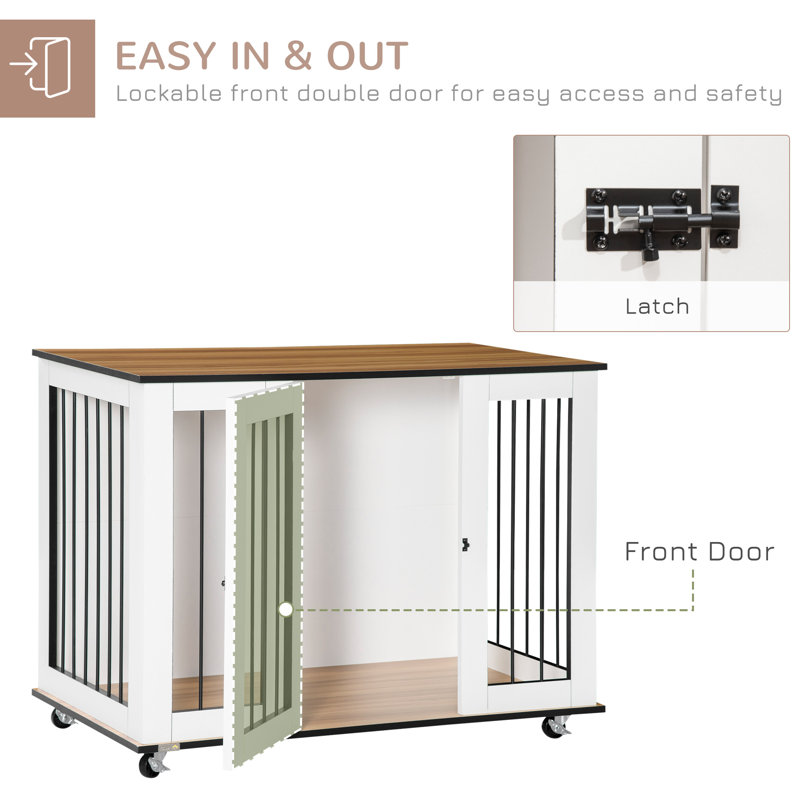 Modern Dog Crate End Table With Easy To Clean Surface, Large Dog Crate Furniture On Wheels, Kennel For Large Dogs Indoor With Big Flat Surface, White