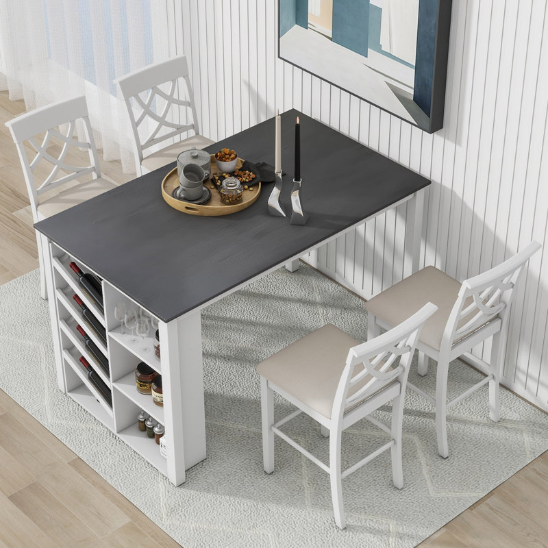 Ensemble de table de salle à manger en bois massif 5 pièces, table de 59 x 35,4 pouces avec support à vin incurvé et 4 chaises rembourrées