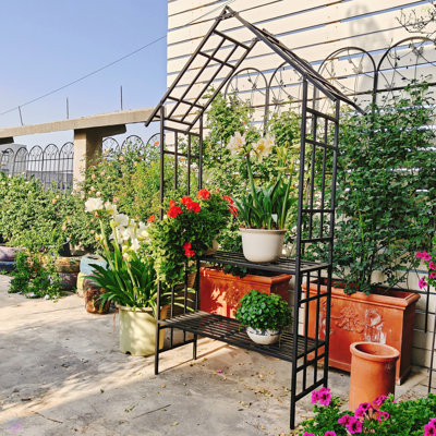 Metal Garden Arch With Bench Turned Into Flower Stand W58.07*H97.24 Climbing Plants Support Rose Arch Outdoor