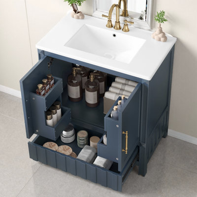 Meuble-lavabo de salle de bain 30 po - structure en bois massif, tiroir dissimulé et 4 tablettes intérieures. Meuble-lavabo pour petite baignoire Pop-of-Color