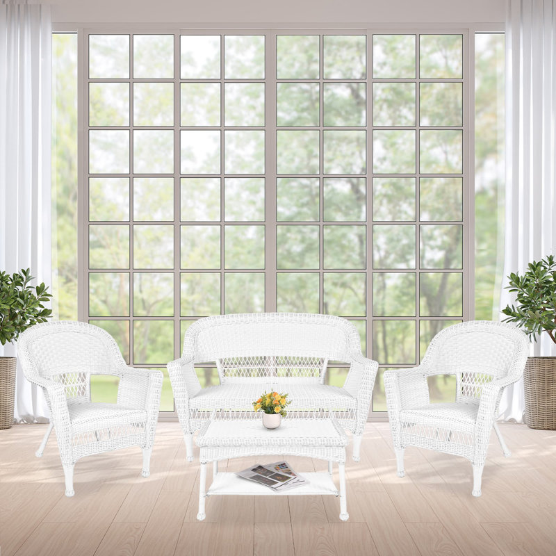 4pc White Wicker Conversation Set, No Cushions, White