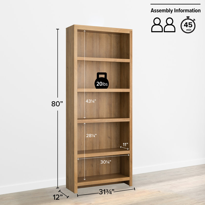 Ardicoan 31.75" W x 80" H x 12" D Bookcase, Oak