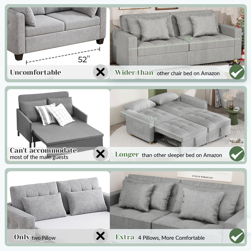 2 Seater Linen Sofa Bed, Grey