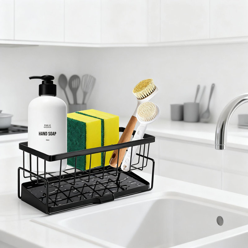 Kitchen Sink Organizer With Self Draining Base, Multifunctional Sponge And Scrubber Holder Caddy For Countertop Space Saving
