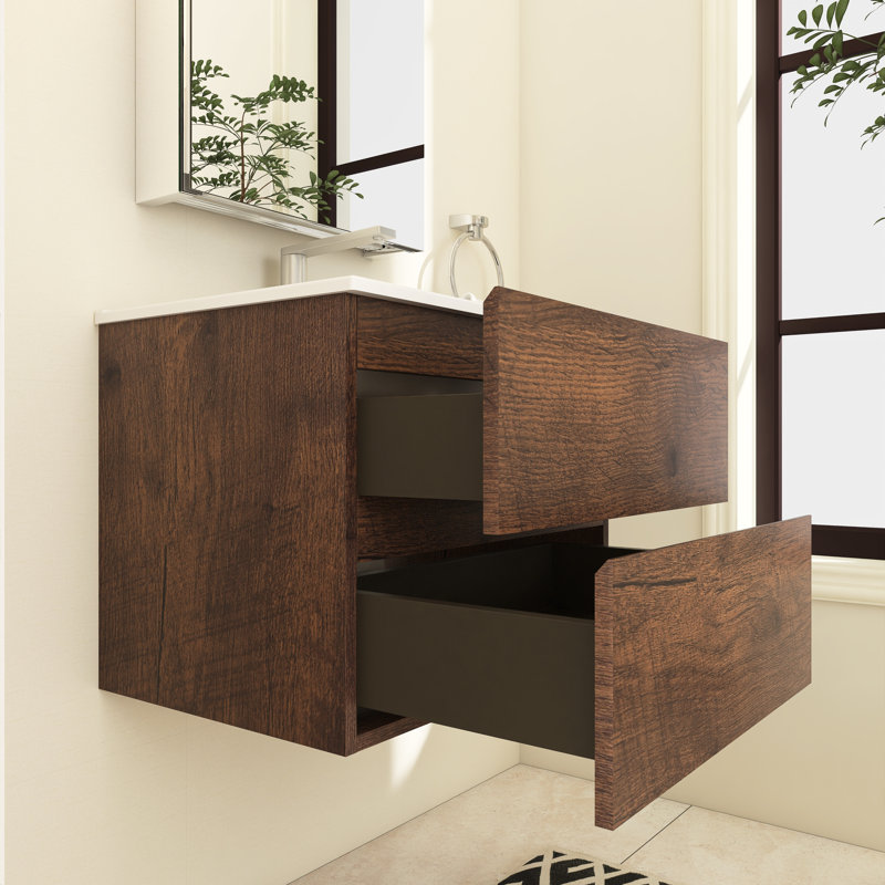 Zykaria 24 " W Wall Mounted Wall Mounted Single Double Single Vanity Bathroom Vanity With Ceramic Top, Walnut, 8" Centers