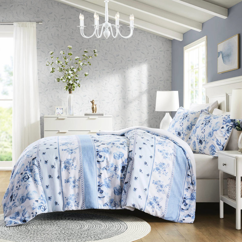 Housse de couette en microfibre à motif floral et rayé simple / simple TG, fermeture à boutons, lavable, attaches intérieures, literie à rayures TG