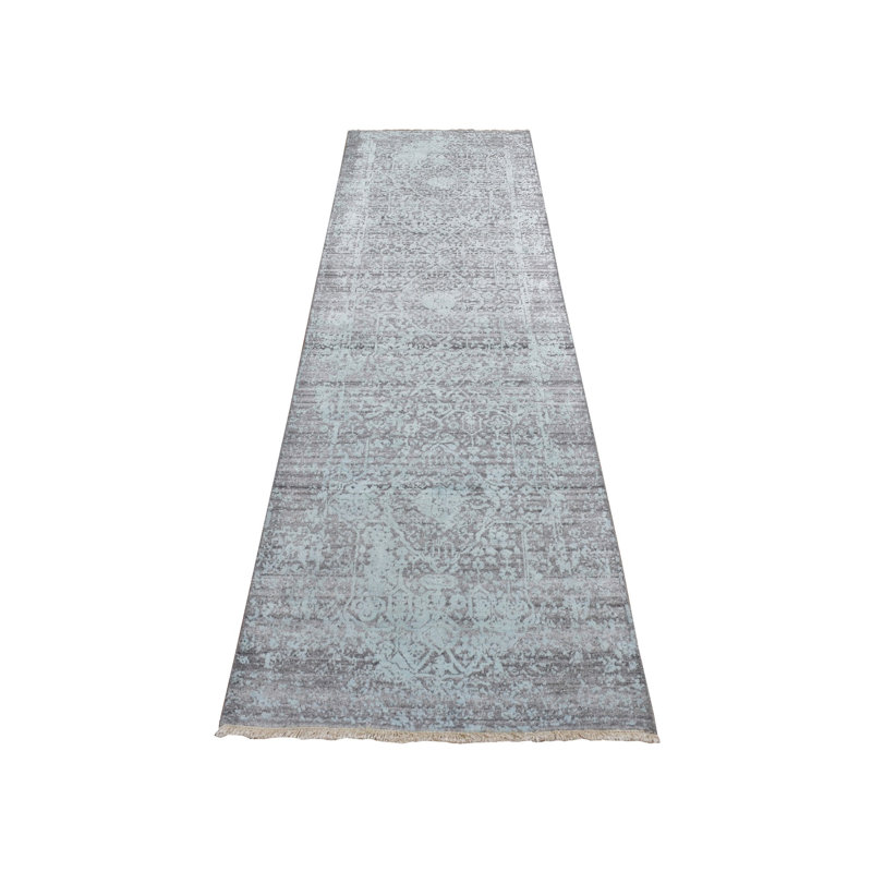 2'7"x9'9" Green Zoroastrian Design Hand Knotted Wool and Silk Runner Rug DEEDF7B256534D6F85B84B53B1B5CD4D