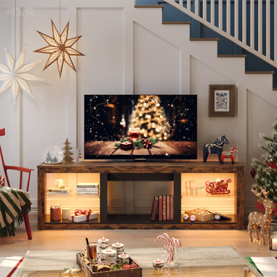 Kruszewski 70" TV Stand Fits TVs Up To 75" with LED Lights Glass Shelves and Open Storage