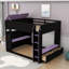 Lit mezzanine en bois avec bureau réglable, lumières RVB, tiroirs, armoire de rangement et tringle