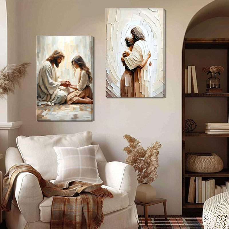 3Pcs Framed Jesus canvas Wall art Jesus Embracing Woman Prayer Posters Pictures Prints Christian Spiritual Heals Beige Texture Paintings Wall Decor for Bedroom Living room ChurchDecoration
