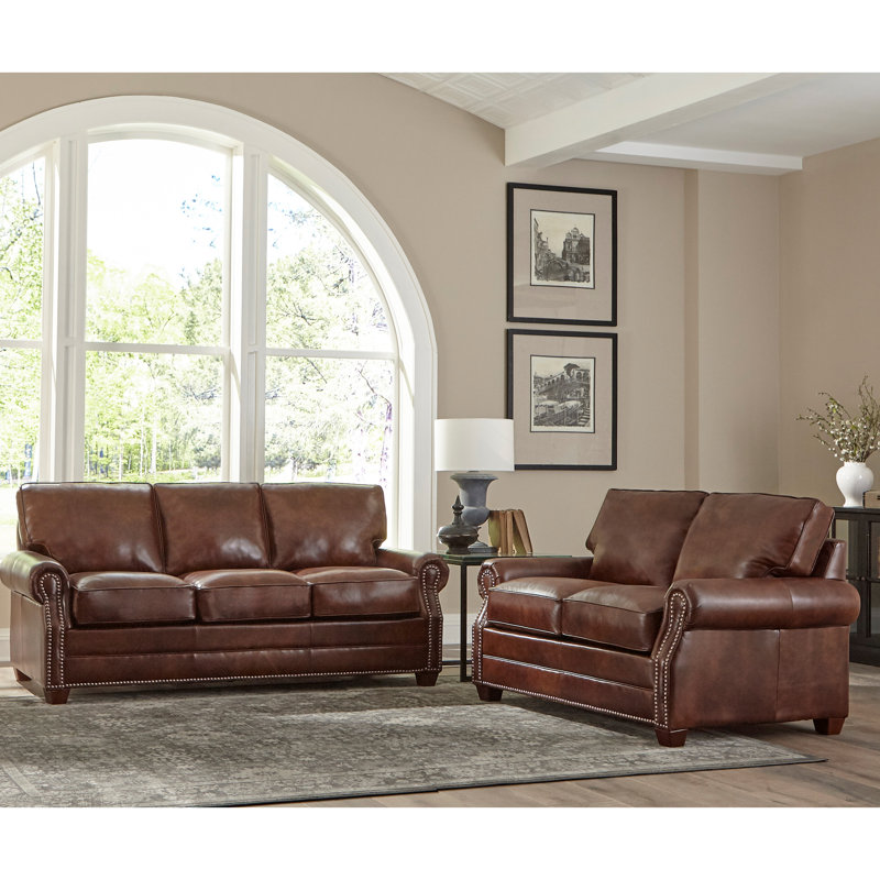 Ensemble de salon en cuir Lyndsey, Cuir véritable brun châtain