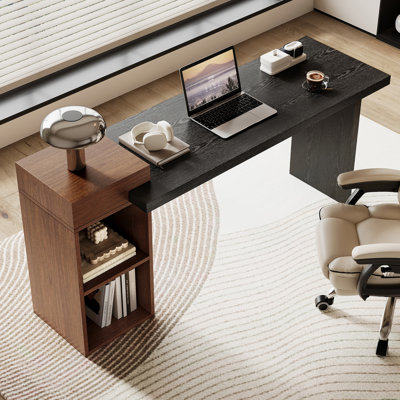 Table d'appoint de canapé moderne à deux tons - grain de bois noir et bois de noyer Grain de bois console d'entrée multifonctionnelle avec tablettes de rangement ouvertes à 2 niveaux pour le salon, le couloir, la chambre à coucher