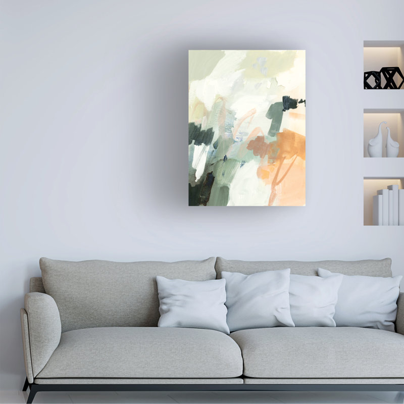 «Moss and Peach II» par Victoria Barnes - peinture sur toile tendue, H 32 po x l 24 po x P 2 po