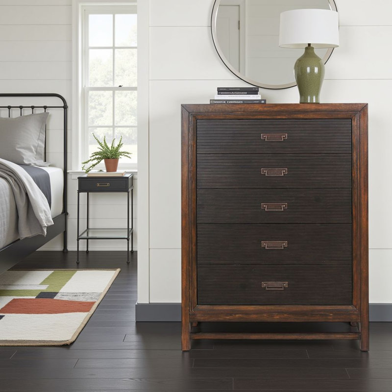 Inza 5-Drawer Chest, No Assembly Required, Rustic Buckeye and Black Finish