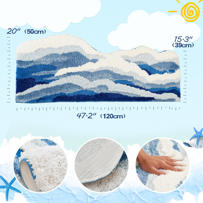 Tapis de bain touffeté à motif de vagues océaniques bleues, 51 x 120 cm