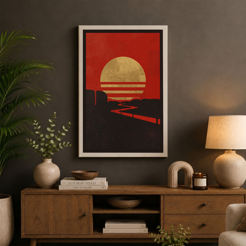 Industrial Sunset Geometric - Wrapped Canvas, 36x24 - 91.4 x 61.0 cm, Teal Border
