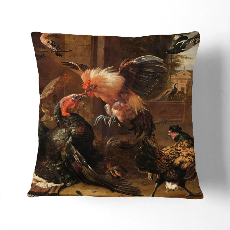 Rooster and Turkey Fighting Scatter Cushion, Black, 40cm H x 40cm W x 15cm D