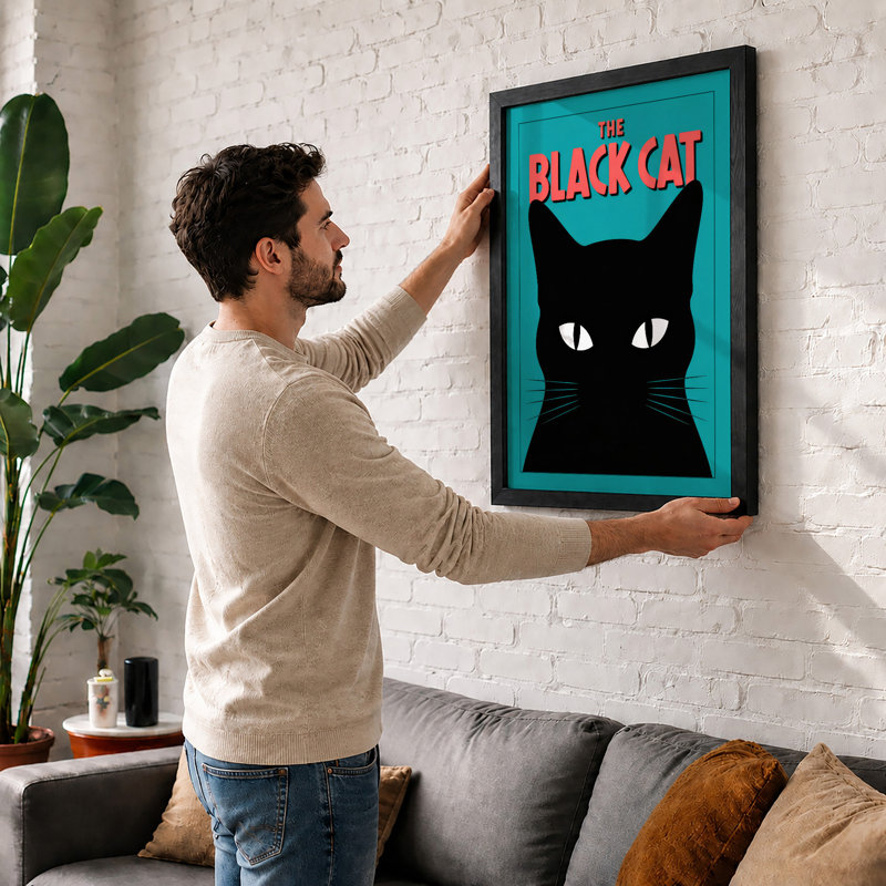 The Black Cat Retro - Framed Print, A4 - 29.7 x 21.0 cm, White