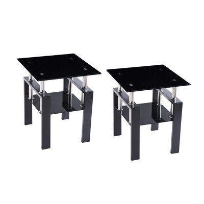 2 Pieces Tempered Clear Glass End Table, 2-layers Small Table With Storage, Living Room Side Table