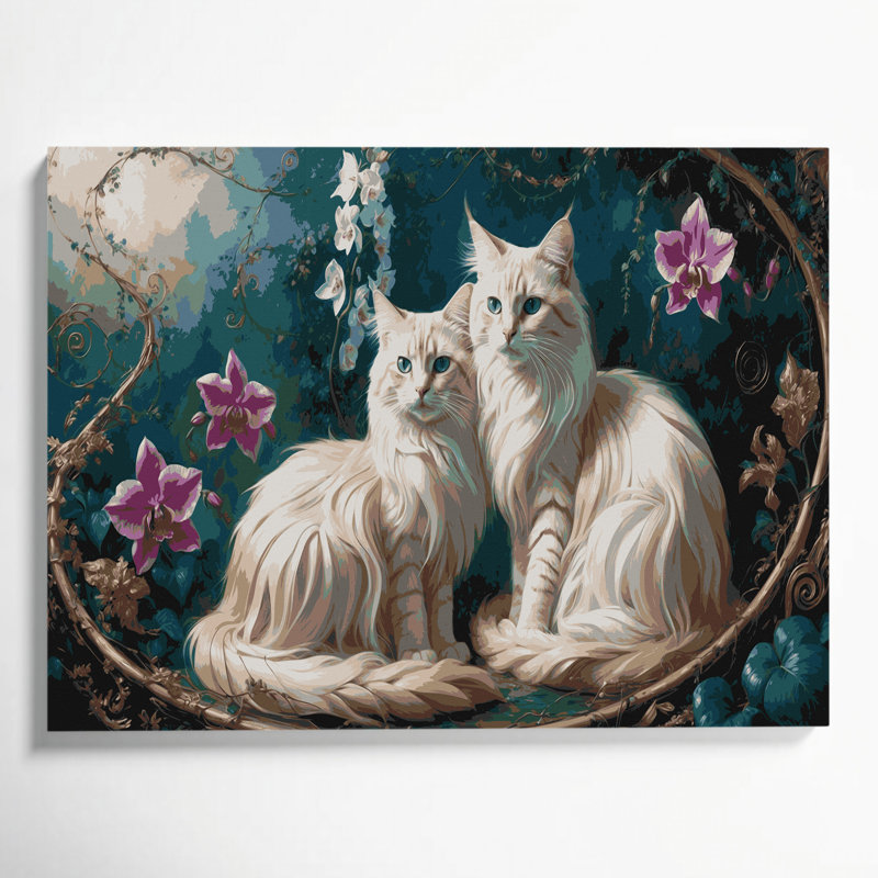 Chats, art balinais sur toile bleu, H 16 po x l 20 po