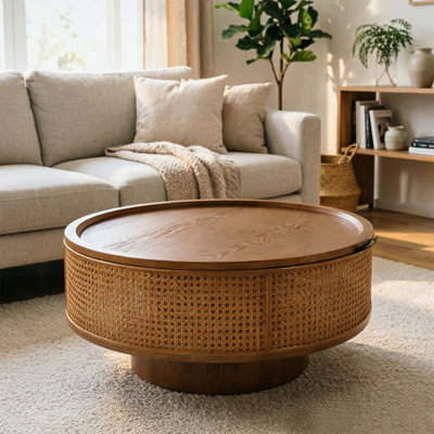 Round Walnut Brown Storage Coffee Table with Removable Lid and Hidden Compartment for Boho Farmhouse Living Rooms