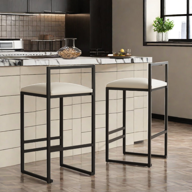 Set Of 2 Upholstered Bar Stools With Metal Frame