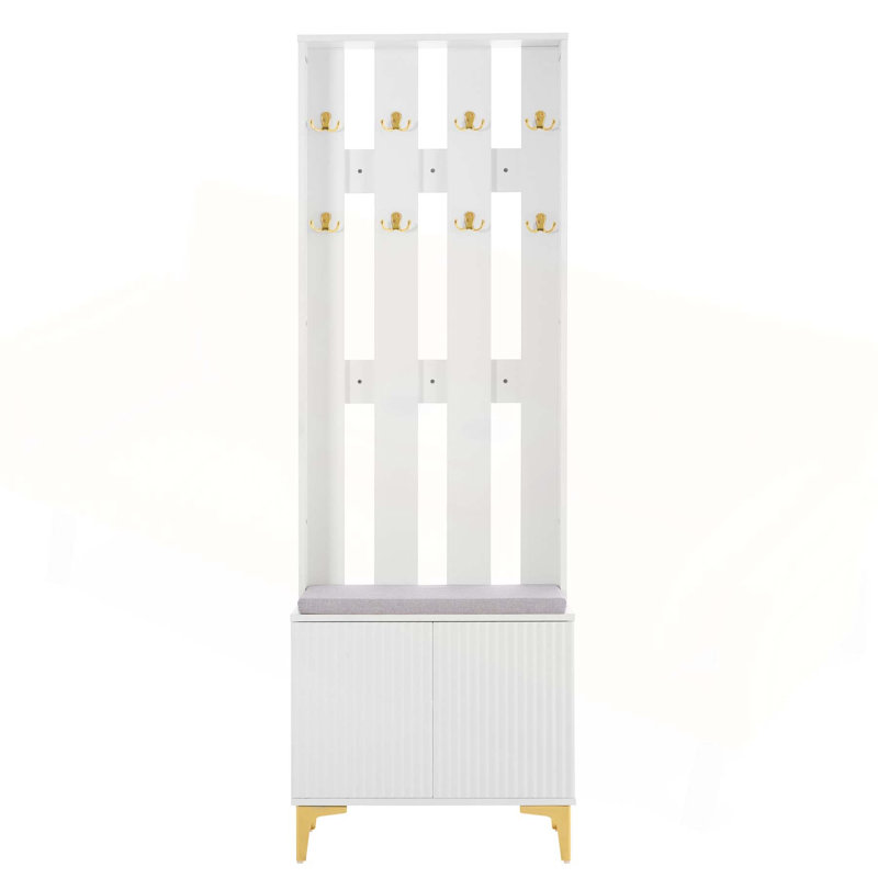 Modern Luxury 4-in-1 Hall Tree with Cushion, Versatile Coat Rack with 8 Gold Hooks and Legs, Entryway Bench with Adjustable Shelves & Fluted Doors for Hallway, Living Room