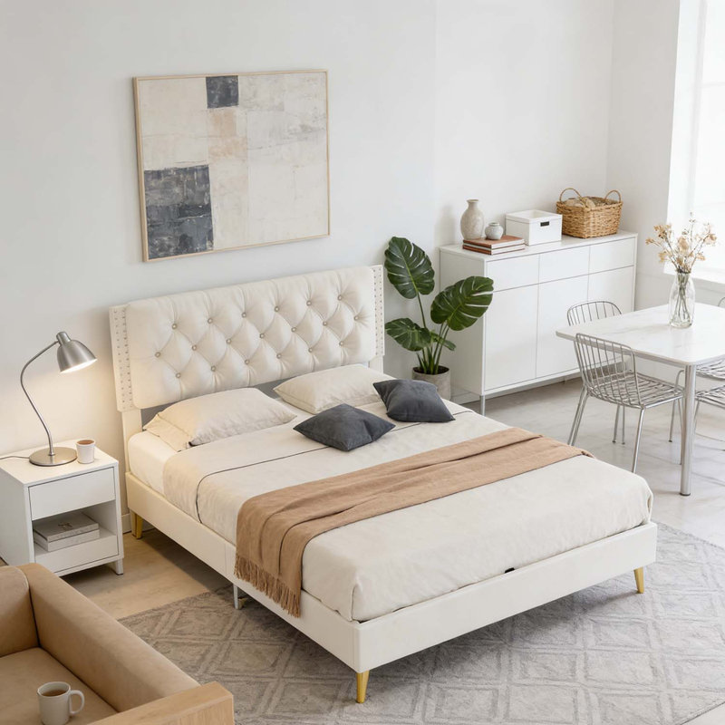 Lit rembourré avec tête de lit capitonnée, structure robuste pour le confort et le style, Beige, Grande capacité