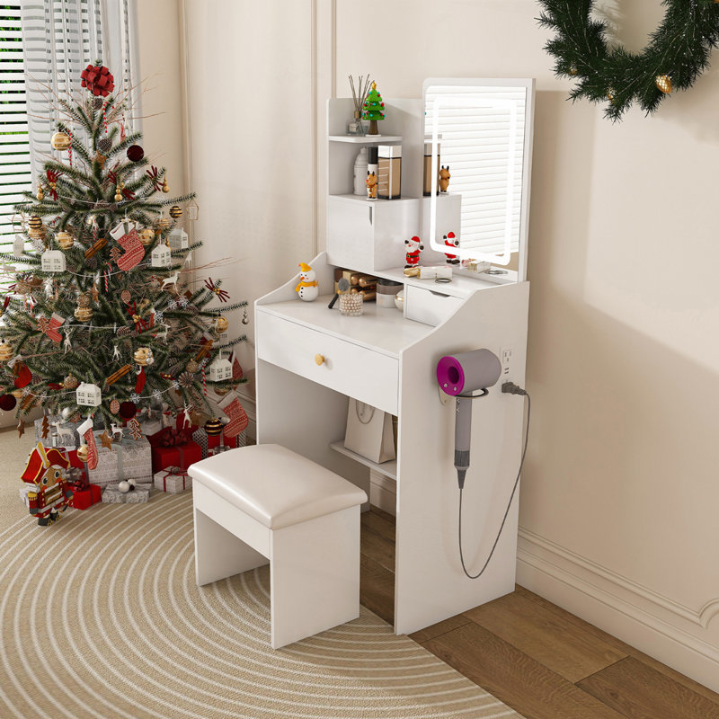 Miroir de coiffeuse à DEL avec tabouret, coiffeuse pour chambre à coucher, 2 tiroirs et 5 armoires de rangement, Blanc