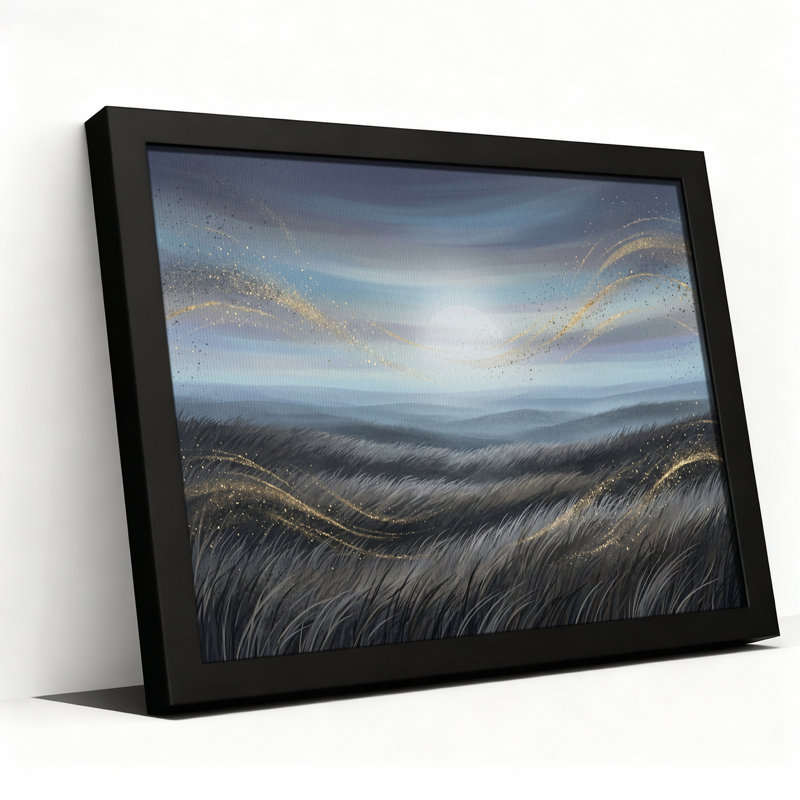 Tableau sur toile représentant des collines herbeuses sombres aux volutes dorées, 16"H x 24"W