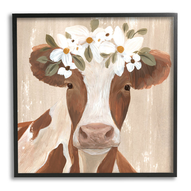 Portrait de vache rustique en fleurs, estampe numérique par Annie Warren, Giclée encadrée noir minuit