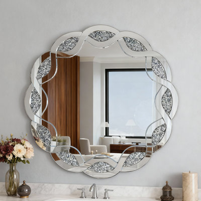 Silver Crush Diamond Round Wall Mirror, 31.5 Inch Wave Frame For Elegant Home Decor And Durable Use