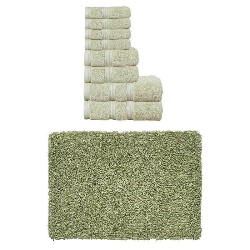 Ensemble de serviettes de bain 100% coton doux 2 pièces et 1 tapis de bain 21x34 "Fantasia Collection, (ensemble de 3), Vert