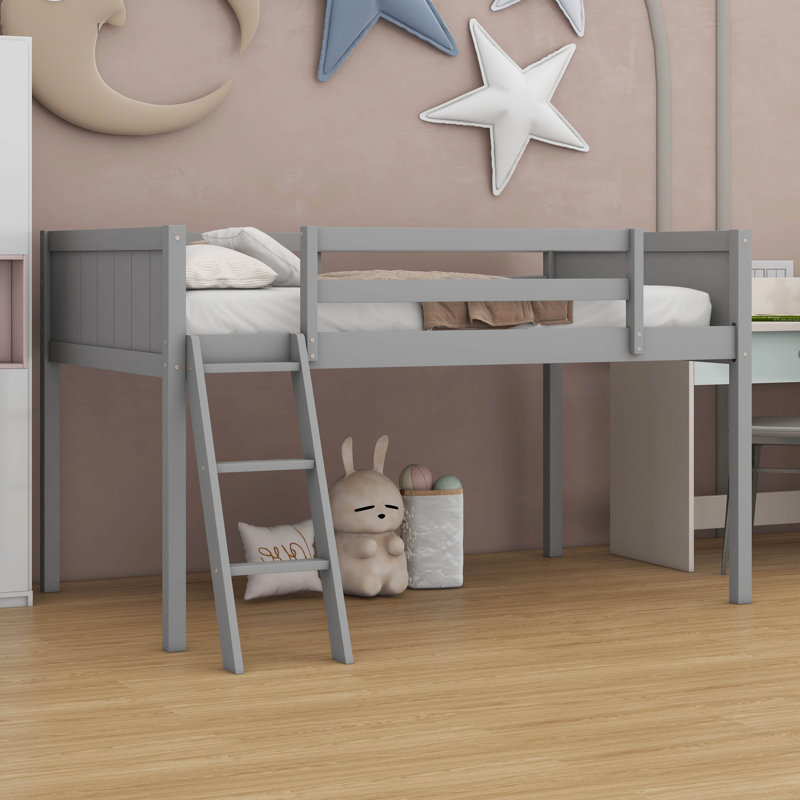 Lit mezzanine simple en bois avec échelle, gris
