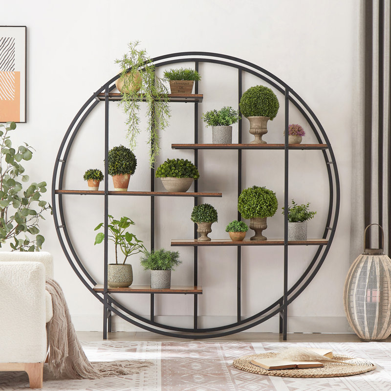 Round 5-Tier Metal Plant Stand Bookcase Storage Rack, Indoor Living Room Terrace Garden Balcony Display Stand., Rustic Brown