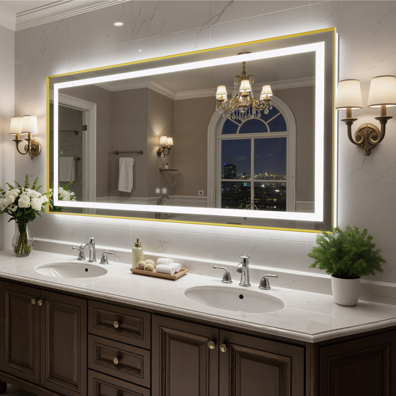 Bathroom LED Mirror Brushed Gold Metal Frame Frontlit & Backlit Vanity Mirror Anti-Fog Stepless Dimmable 3 Colors Wall-Mounted